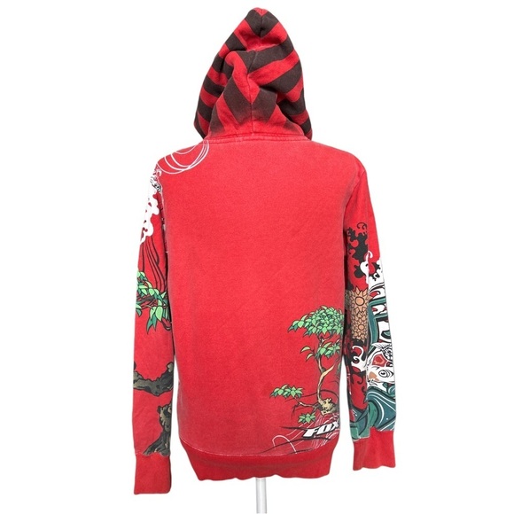 Fox Vintage Y2K Racing Dragon Print Ed Hardy Style Blossom Red Hoodie Size Small - Picture 3 of 11